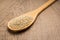 Golden Quinoa seed.Spoon and grains over wooden table.