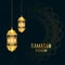 Golden ramadan kareen festival card with lanterns