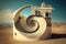 Golden Ratio and fantasy spiral stairs, surreal house on sea beach, generative AI