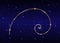 Golden ratio. Fibonacci number, golden section, divine proportion and shiny gold spiral, vector isolated on blue starry night sky