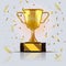 Golden realistic champion cup. 3d Vector illustration. Trophy with glittering confetti particles.