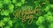 Golden realistic lettering Happy St. Patricks Day with realistic clover leaves background. Background for poster, banner