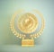 Golden realistic money coin bitcoin on gilded stand base or pedestal with victory laurel wreath on light textured background. Vect