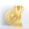 Golden realistic Trophy cup or goblet on textured gilded stand and money coin bitcoin on white background. Vector illustration