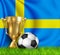 Golden realistic winner trophy cup and soccer ball isolated on national Sweden flag. National team is the winner of the football.