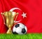 Golden realistic winner trophy cup and soccer ball isolated on national Turkey flag. National team is the winner of the