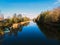 Golden red sunlight AERIAL view, Russia, River, small town, bridge