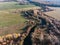 Golden red sunlight AERIAL view, Russia, River, small town, bridge