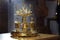Golden religious utensils. Details in the Orthodox Christian Church. Russia