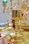 Golden religious utensils. Details in the Orthodox Christian Church. Russia