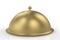 Golden Restaurant Cloche Plate on White Reflective Desk: 3D Illustration and Rendering Image