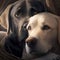 Golden retriever and black retriever together hugging. Two dogs being together cute adorable. Labradors together.