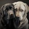 Golden retriever and black retriever together hugging. Two dogs being together cute adorable. Labradors together.