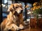 Golden Retriever dining with fake food