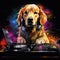 Golden retriever dog dressed as a nightclub disco dj disk jockey. Colorful illustration