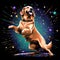 Golden retriever dog dressed as a nightclub disco dj disk jockey. Colorful illustration , dancing on hind legs.
