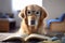 Golden Retriever dog with reading glasses and book.