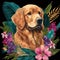 Golden Retriever dog in tropical forest with plants and brightly colored flowers