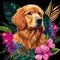 Golden Retriever dog in tropical forest with plants and brightly colored flowers
