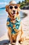 Golden Retriever dog wearing a Hawaiian shirt and sunglasses and a straw hat sits on the sandy beach.
