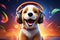 Golden Retriever dog wearing headphones listening Generative AI