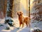 Golden Retriever and Family Enjoying Sunlit Snowy Forest Walk. Generative Ai