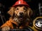 Golden retriever firefighter holding water hose