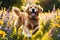 Golden Retriever Frolicking Through a Meadow, Sunlight Filtering Through a Whimsical Array of Wildflowers