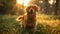 Golden retriever morning walk in high res, dewy grass, misty park, lifelike fur, motion blur