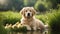 golden retriever puppy A cheerful golden retriever puppy sitting by a serene pond, with ducklings swimming nearby