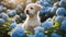 golden retriever puppy A content puppy with eyes and a gentle smile, surrounded by a halo of blue hydrangeas