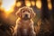 Golden retriever puppy. generative ai. Summer sunset dog portrait. Portrait of a golden retriever dog