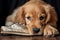 golden retriever puppy with a slipper in its mouth, ready to play