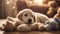 golden retriever puppy A slumbering puppy wrapped in a fluffy cloud blanket, surrounded by a circle of sleeping stuffed animals