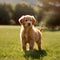 Golden Retriever puppy standing on the green meadow in a summer green field. Portrait of an Golden Retriever pup standing on the