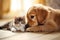 Golden retriever puppy and tabby kitten lying on the floor, Cute cat and golden retriever dog playing together at home, AI