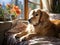 Golden retriever reading newspaper on couch daylight