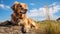 Golden Retriever Resting On Rock In Tall Grass With Blue Sky