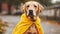 Golden retriever in a yellow raincoat on a rainy day.