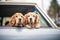 golden retrievers with heads out car window