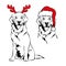 Golden retriver with red reindeer antlers and Santa hat. Christmas Labrador dog portrait. Vector illustration