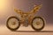 Golden retro bicycle, fictional gold metal shiny elegant vintage design fantastic bicycle. Generative Ai