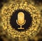 Golden retro microphone icon on blurred abstract gold circle background. Karaoke party shiny luxury banner