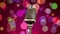 Golden retro microphone rotating on a stand. Colorful confetti flying background. Seamless looping