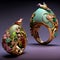 Golden rings in a shape of bird`s egg, luxury jewelry, 3D render, fantasy style. AI generated image