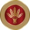 Golden ripe wheat sheaf in circle on red background.