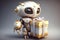 Golden Robot with Diamond Accessories Holds Gift Box in Colorful Cartoon Illustratio