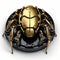 a golden robot spider sitting on top of a black plate