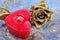 Golden rose and burning candle. Valentine`s Day greeting card