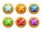 Golden round assets with colorful crystal stars inside.